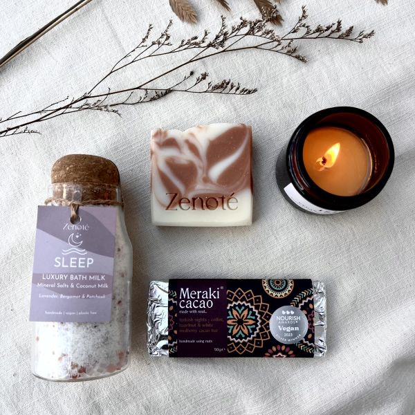 Self Care Gift Box With Candle, Soap, Glass Bottle of Bath Milk & Bar of Chocolate